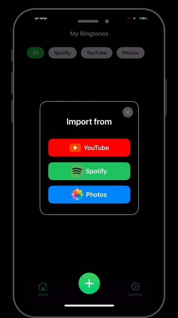 iRingtone import screen showing YouTube, Spotify, and Photos options