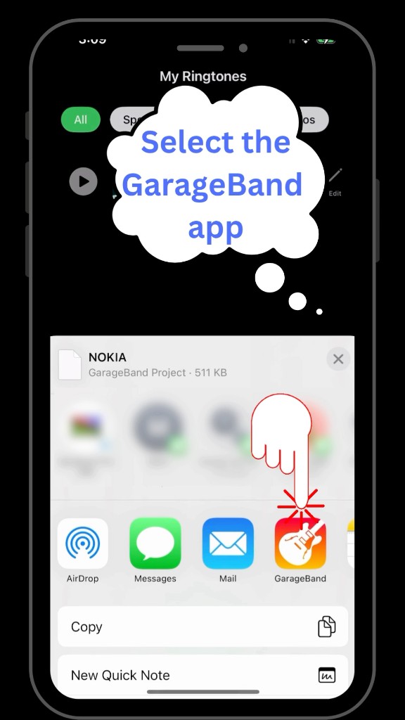 iOS share sheet showing GarageBand export option