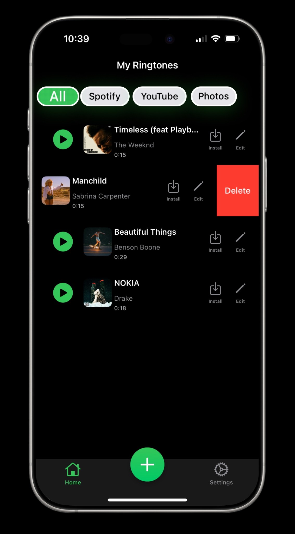 iRingtone ringtone library showing songs from Spotify and YouTube